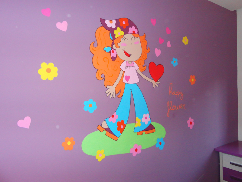 mural niña con flores para decoracion de dormitorio infantil
